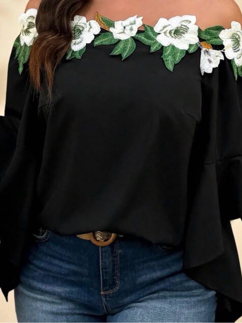 Off-Shoulder Black Floral Appliqué Women’s Top